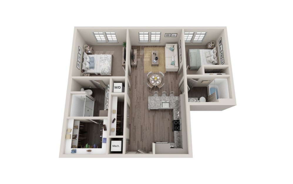 B4 - 2 bedroom floorplan layout with 2 baths and 934 square feet.